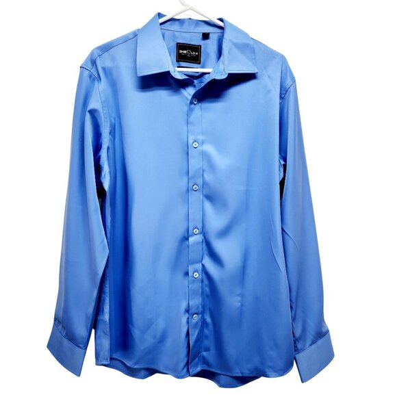 Shield-X Flex Blue Long Sleeve ButtonUp Shirt Silk Size L Design In Italy Mens - Picture 1 of 11